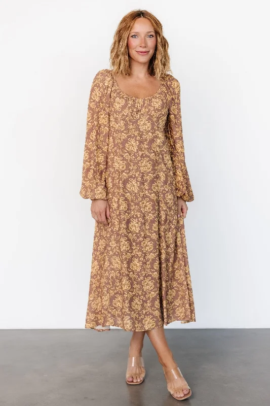 Midi dresses with asymmetric hems for a fashion - forward and dynamic appearance McKinney Dress | Brown + Gold Floral Midi dresses with asymmetric hems for a fashion - forward and dynamic appearance McKinney Dress | Brown + Gold Floral