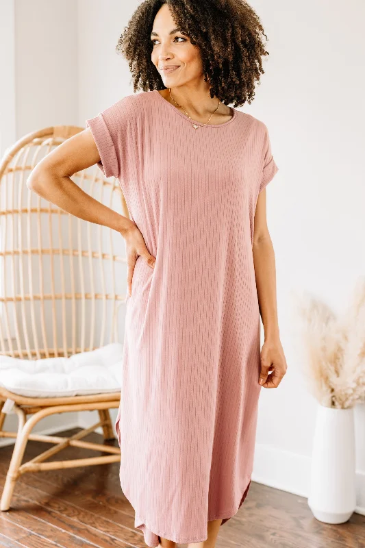 High - low midi dresses with geometric patterns for a modern party It's All Here Mauve Pink Ribbed Midi Dress