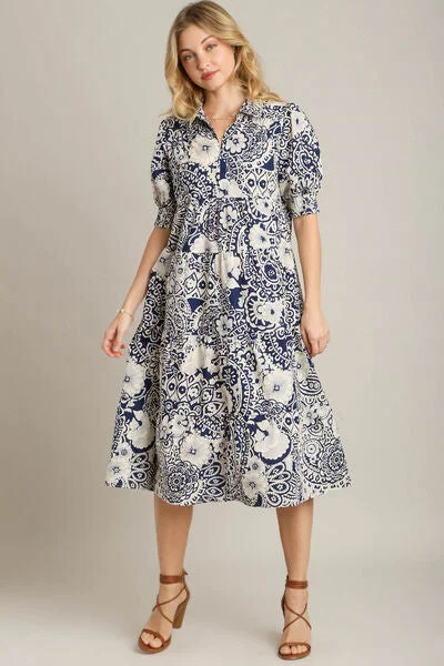 Midi dresses with V - necklines for a flattering and elongating effect Full Size Printed Smocked Cuff Puff Sleeve Midi Dress Midi dresses with V - necklines for a flattering and elongating effect Full Size Printed Smocked Cuff Puff Sleeve Midi Dress