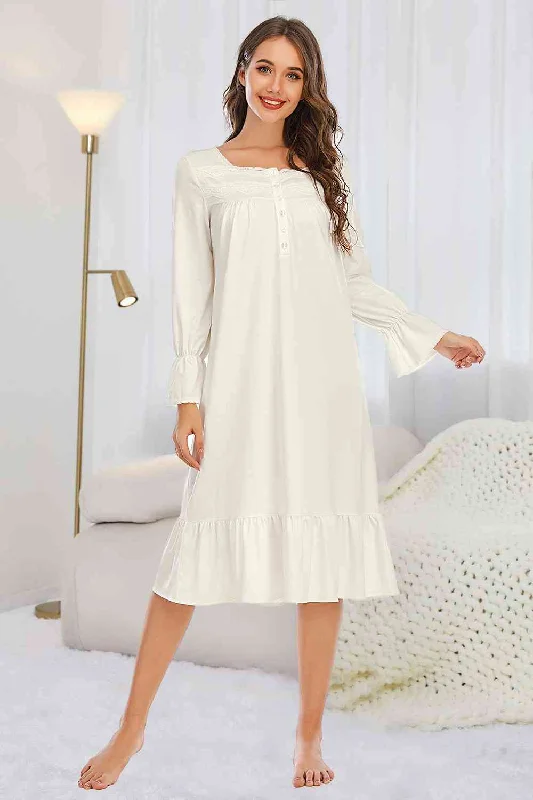 Midi dresses with keyhole backs for a flirty and unexpected detail Flounce Sleeve Ruffle Hem Night Dress