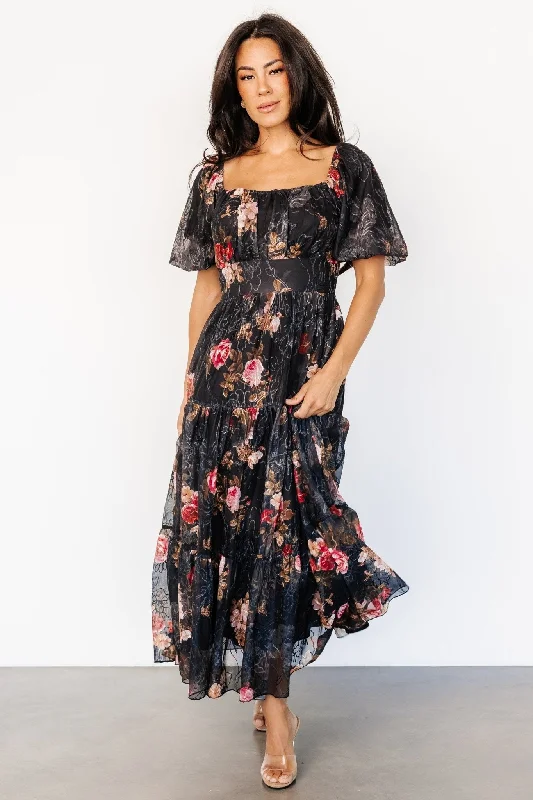 Midi dresses with ruched bodices for a feminine and fitted feel Annabeth Midi Dress | Black Floral
