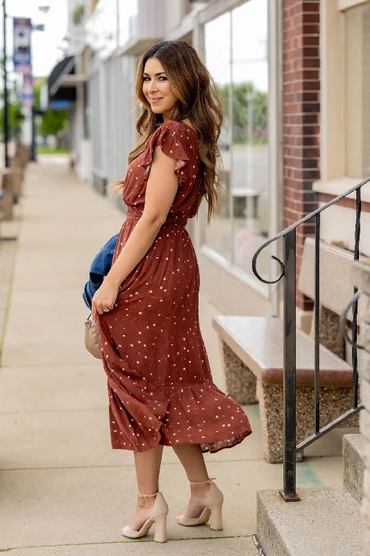 Midi dresses with mesh inserts for a trendy and breathable option Spotted Wrap Top Midi Dress