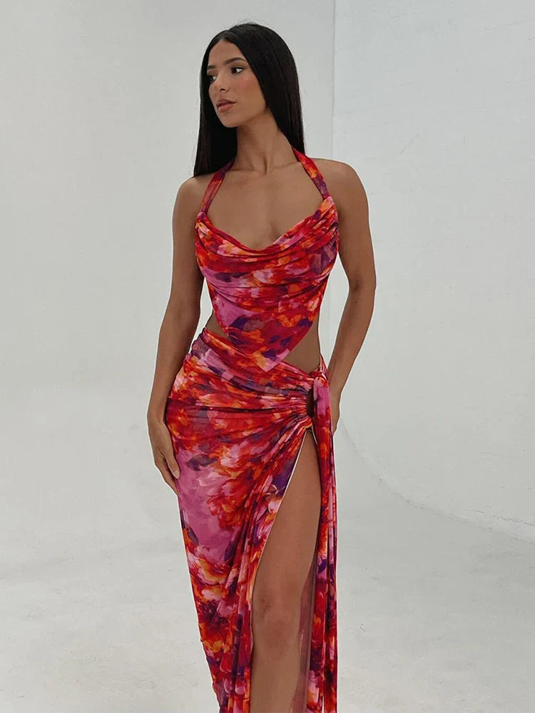 Midi dresses with polka dot prints for a playful summer outfit Party Print Two Piece One Shoulder Crop Top High Split Skirts Summer Midi Dress