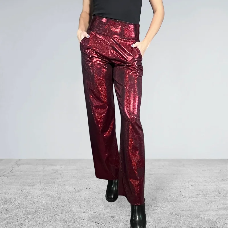 Dark Red Burgundy Sparkle Straight Leg Relaxed Fit Pants - Optional Pockets