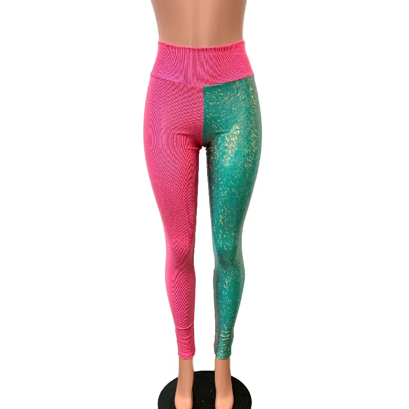 Holographic Colorblock Leggings - Pink and Jade Shattered Glass