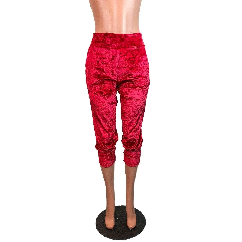 Red Crushed Velvet Joggers w/ Pockets Women's