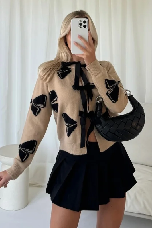 Alice beige bow tie front knitted cardigan