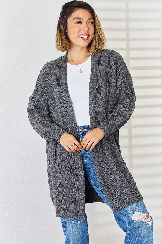 Cable-Knit Open Front Dropped Shoulder Cardigan