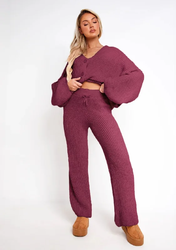 Chantelle Wine Chunky Knit Cardigan & Trouser Co-Ord Set