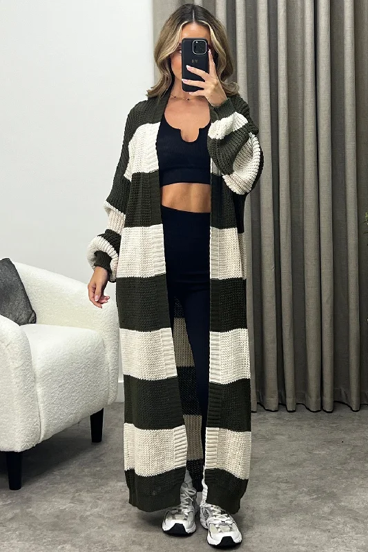 Corinna Khaki and Beige Stripe Maxi Knitted Cardigan