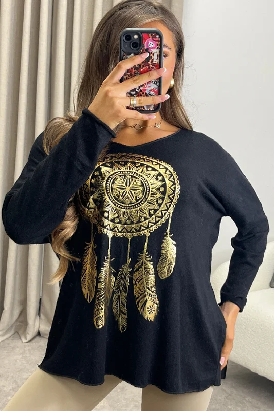 Fifi Black Gold Foil Graphic Print Knitted Oversized Top