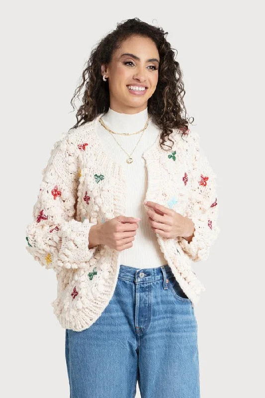 Knitted Cardigan Cross Pom Pom