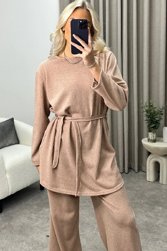 Kourtney Beige Tie Belted Top and Trousers Knit Loungewear Set