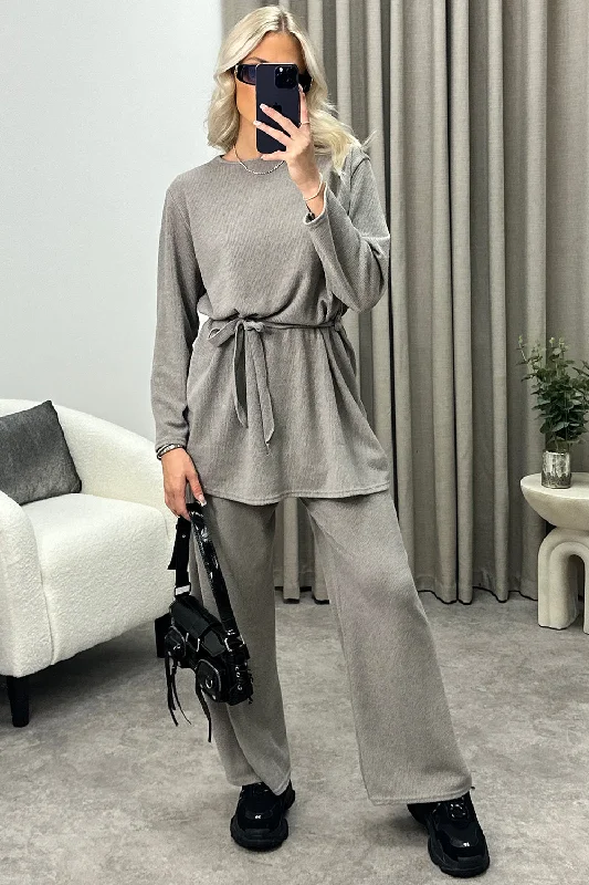 Kourtney Grey Tie Belted Top and Trousers Knit Loungewear Set