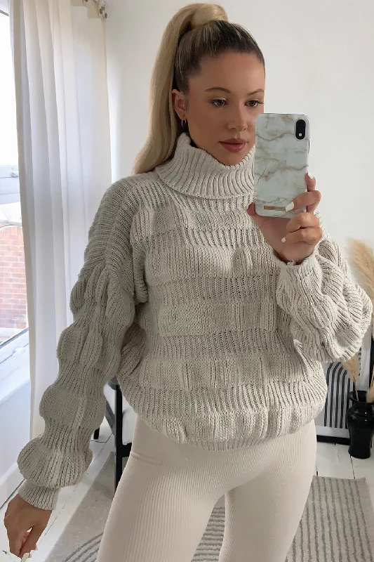 Kyla Beige Bubble Knit Roll Neck Jumper