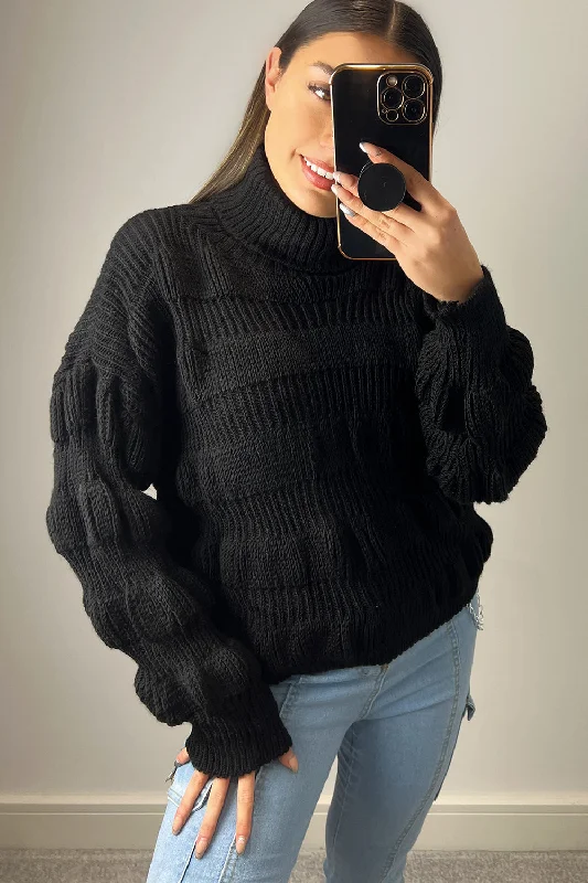 Kyla Black Bubble Knit Roll Neck Jumper