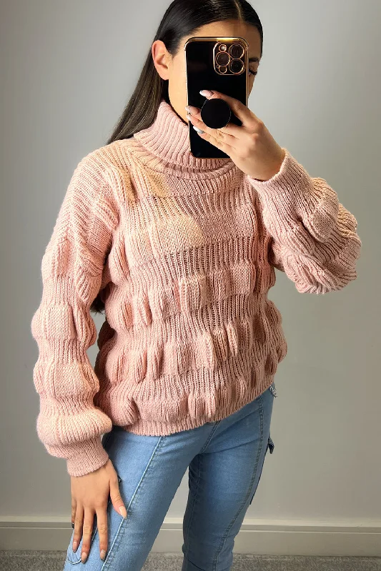 Kyla Blush Pink Bubble Knit Roll Neck Jumper