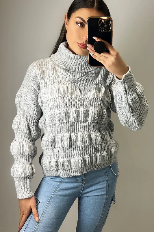 Kyla Grey Bubble Knit Roll Neck Jumper