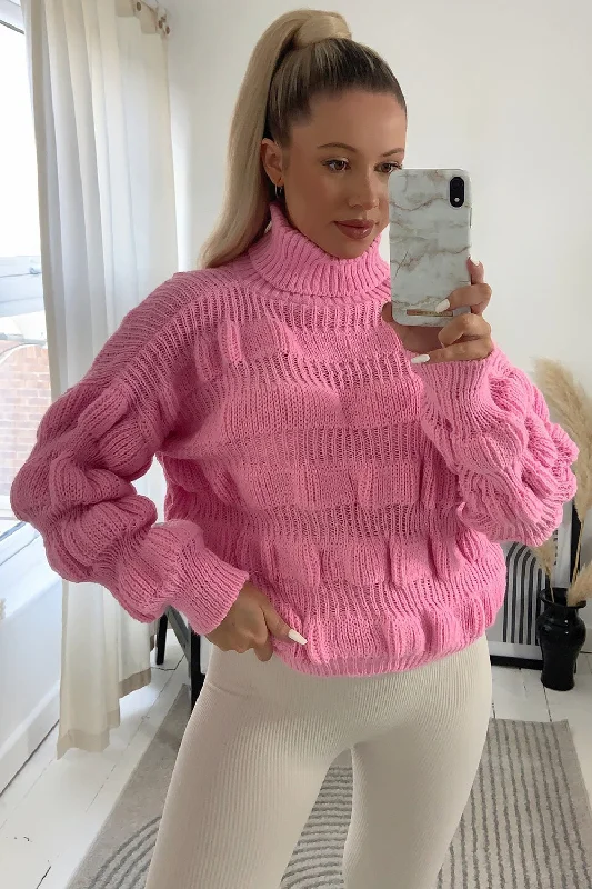 Kyla Pink Bubble Knit Roll Neck Jumper