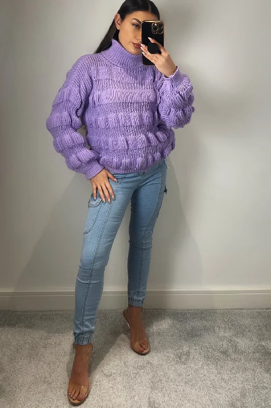 Kyla Purple Bubble Knit Roll Neck Jumper