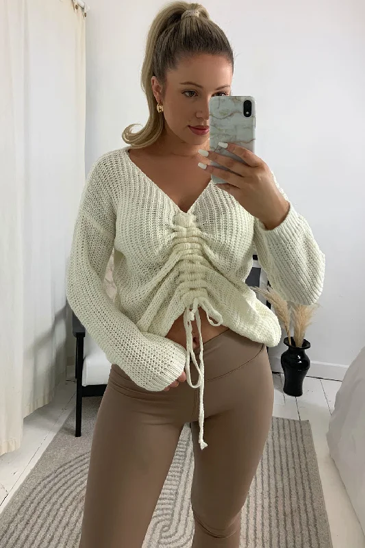 Laura Cream Ruched Drawstring Knitted Jumper