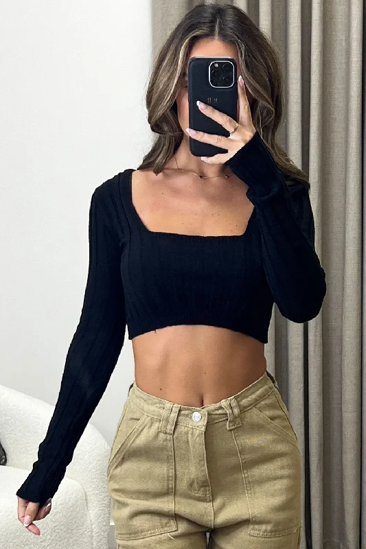 Leanna Black Ribbed Square Neck Knitted Crop Top