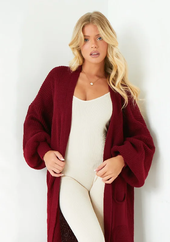 Nathalie Wine Balloon Sleeve Knitted Cardigan