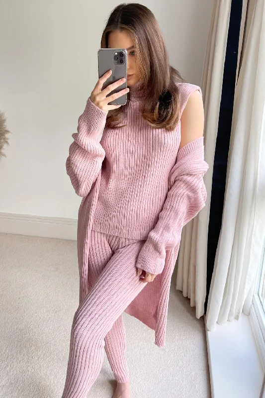 Pink Roll Neck Knitted 3 Piece Loungewear Set