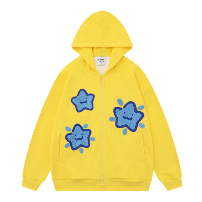 Cute Star Waffle Fabric Zipper Hoodies