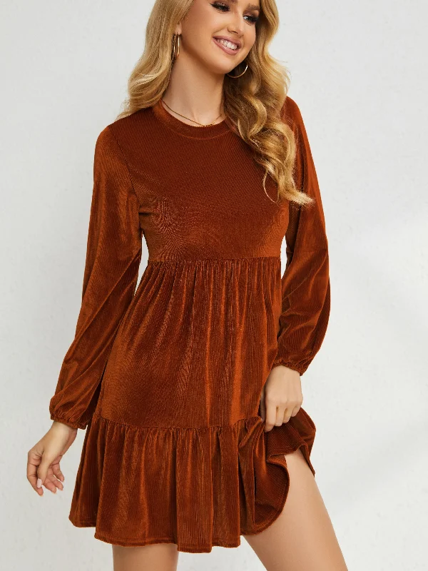 Plus Size Women Dress with a Flattering A - Line Cut for Comfort and Style Plus Size Women Dress with a Flattering A - Line Cut for Comfort and Style Sixsr Solid Tiered Dress, Casual Crew Neck Long Sleeve Dress, Women's Clothing