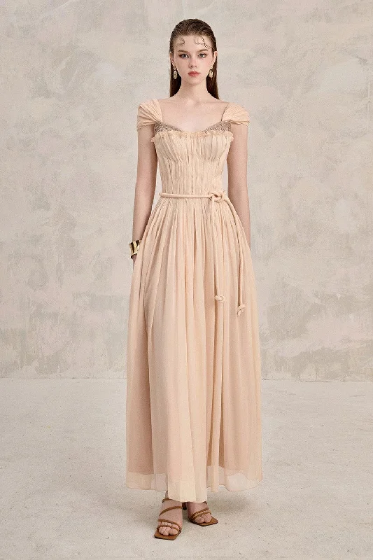 Dilana A-line Pleated Chest Chiffon Ankle Length Dress