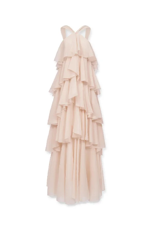 Irene Layered V-Neck Poly Organza Floor Length Dress