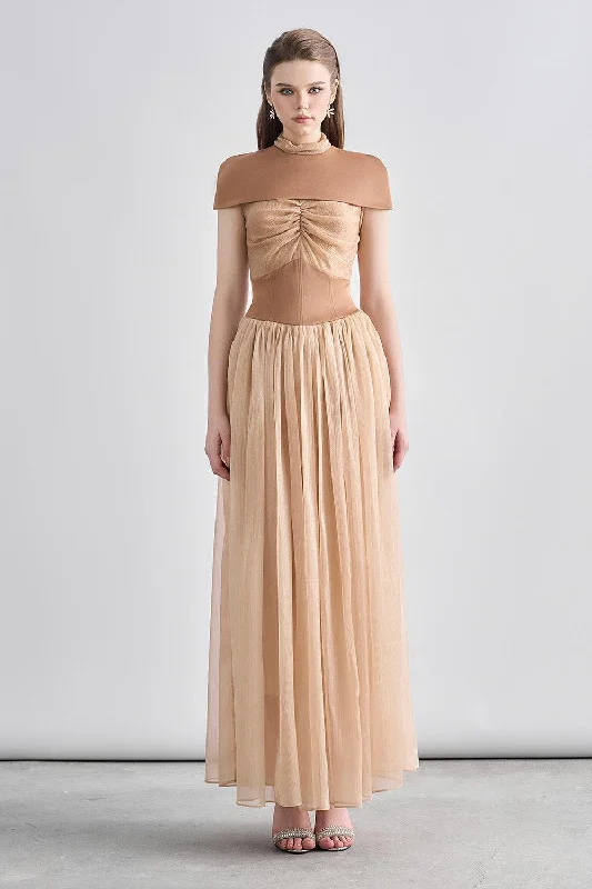 Kathryn Fit and Flare Cape Shoulder Chanel Maxi Dress