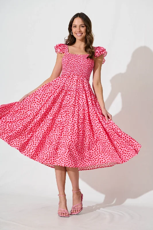 Anastasia Midi Dress In Pink With Red Speckle