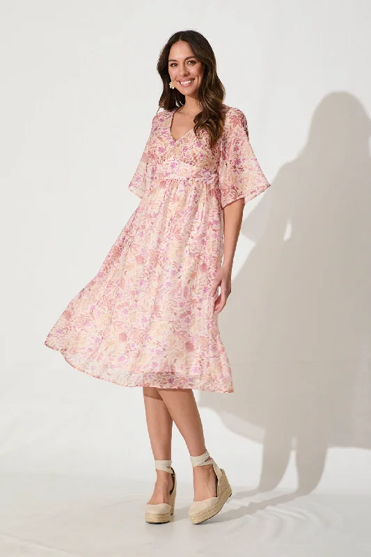 Angie Midi Dress In Pink Sketch Print