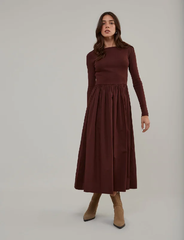 Brown Long Sleeve A-Line Penni Midi Dress