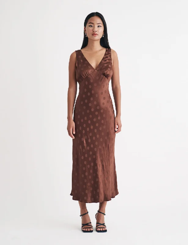 Brown Polka Dot Jacquard Helena Midi Dress