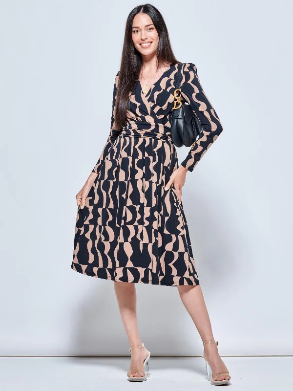 Calla Long Sleeve Jersey Wrap Dress, Brown Pattern