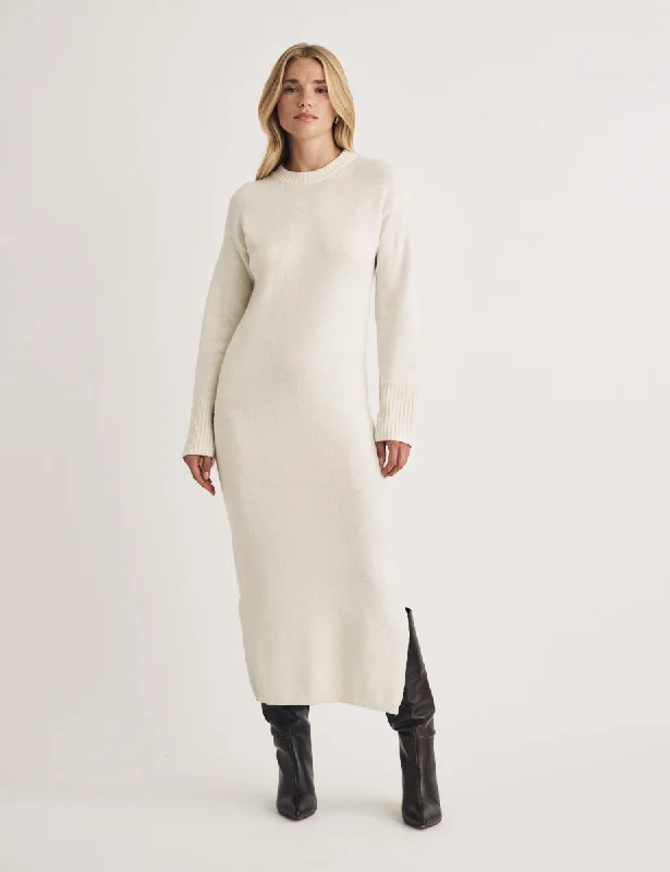 Cream Crew Neck Knitted Midi Jumper Dress