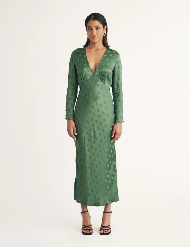 Green Polka Dot Jacquard Lauren Midi Dress