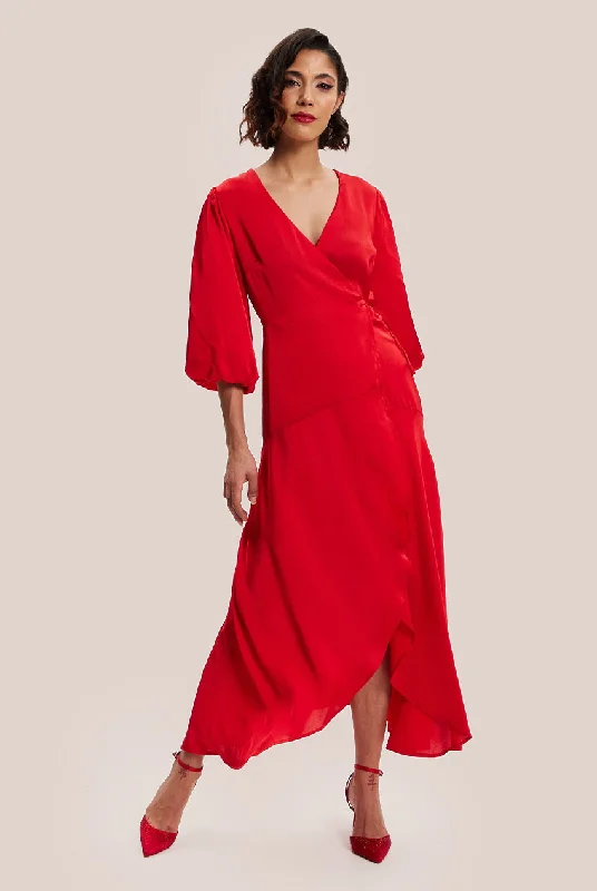 Liquorish Red Midi Wrap Dress With Short Puff Sleeves