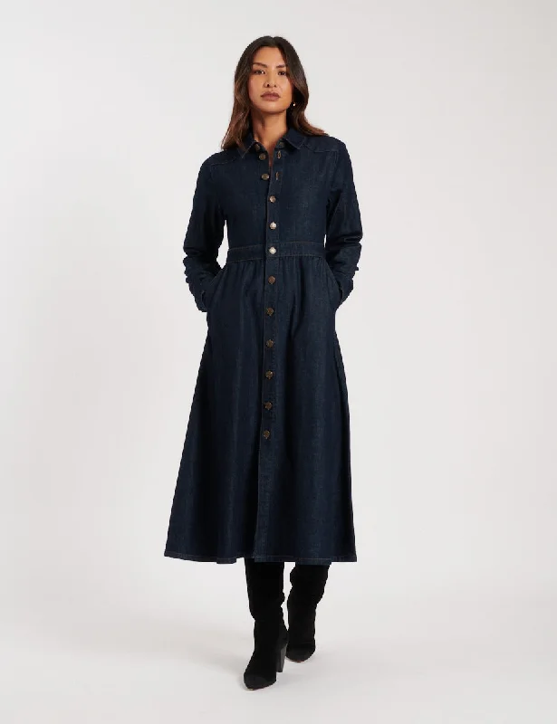 Dark Wash Denim Graceland Midi Shirt Dress