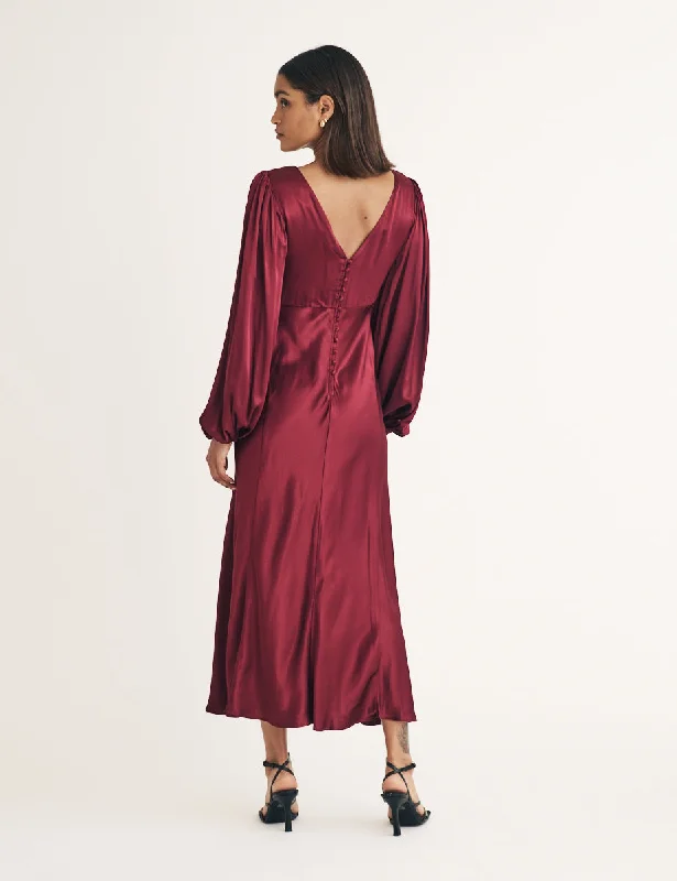 Burgundy Balloon Sleeve Bridesmaid Ember Midi Dress