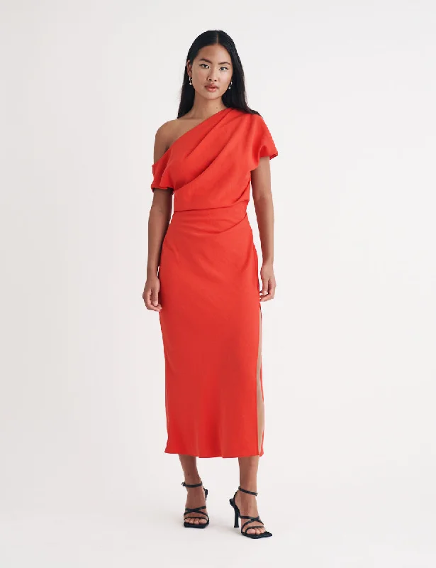 Red Draped Off Shoulder Katty Midi Dress