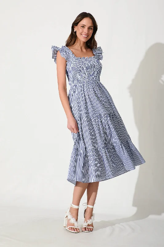 Stassi Midi Dress In Blue And White Stripe Cotton