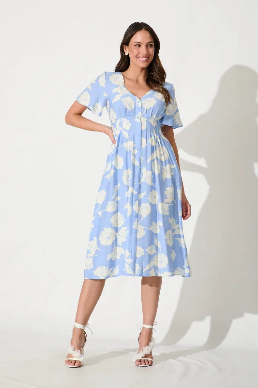 Yvette Midi Dress In Blue With White Floral