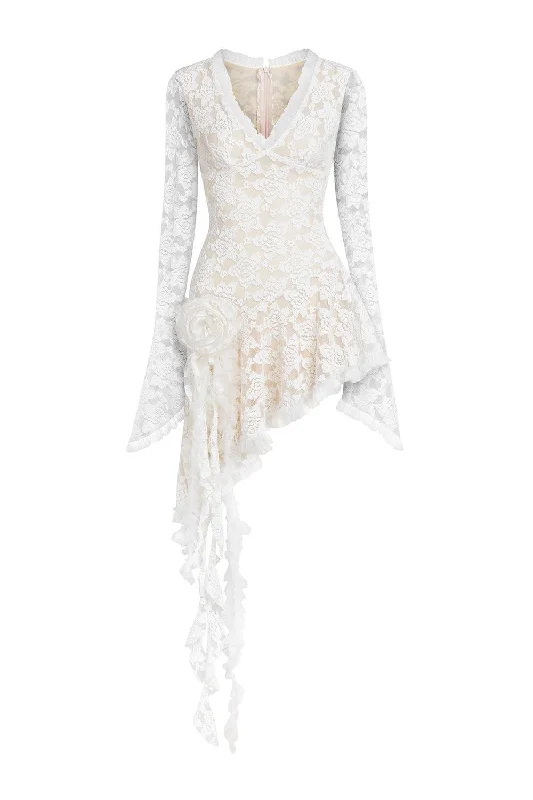 Cuevas Asymmetric Poet Sleeved Lace Mini Dress