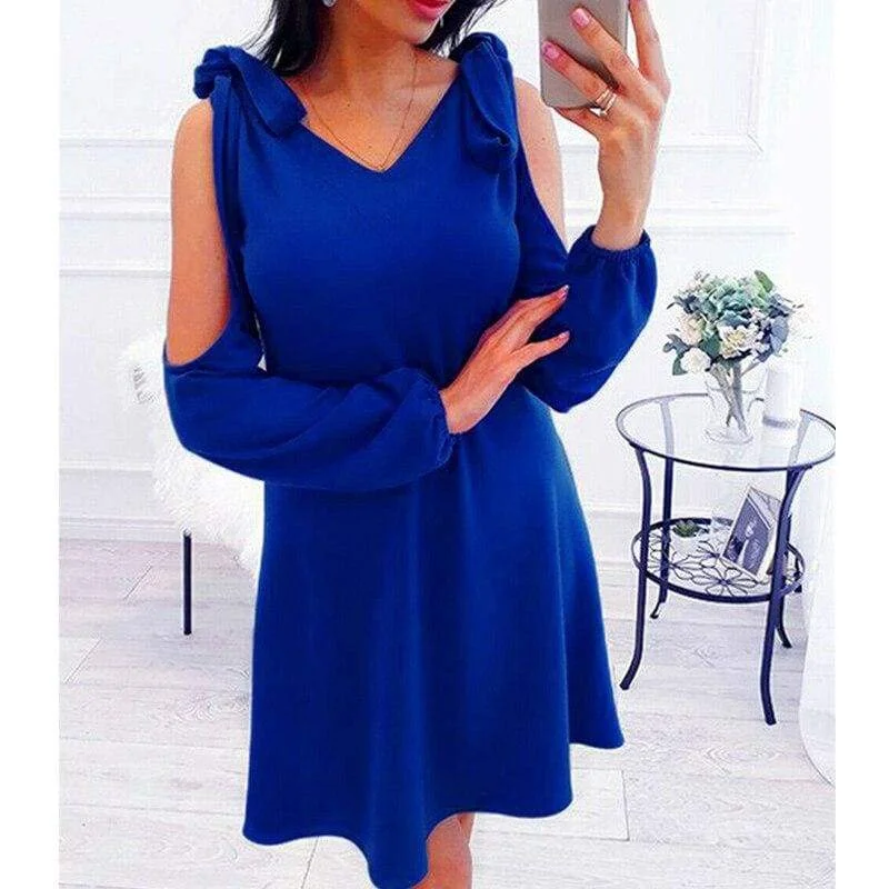 FashionSierra - New Women Summer Dress Cold Shoulder V-Neck Long Sleeve Elegant Ladies Solid Casual Vintage Short Mini Dress