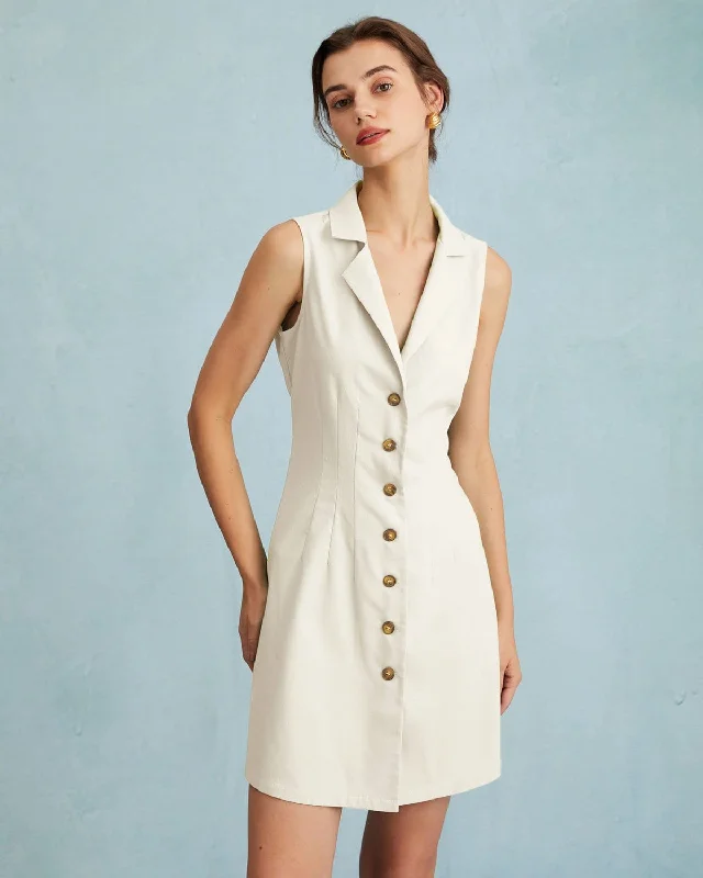 The Beige Lapel Button-up Sleeveless Mini Dress