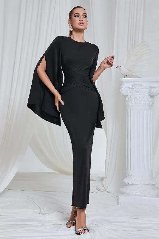 Black Mermaid Long Sleeves Ruched Long Prom Dress with Slit